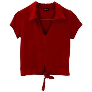 4/$45 FOUR X Red Short Sleeve V-Neck Collared Cropped Top with Tie size Large